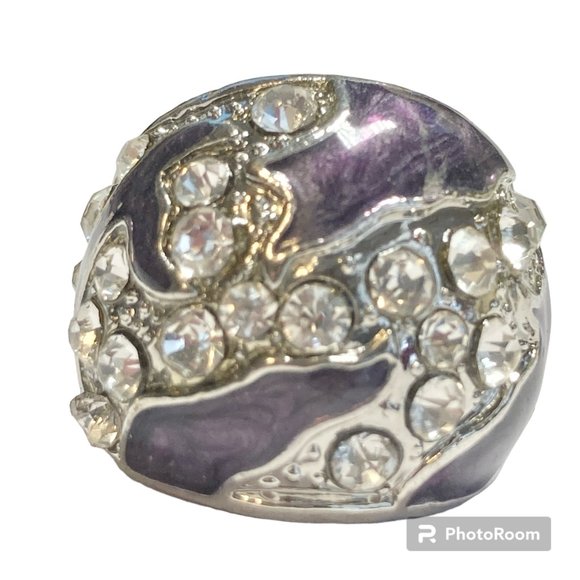 Vintage Purple Enamel Cocktail Ring Silver Plated Crystal Rhinestone Size 6 Boho - Picture 1 of 12